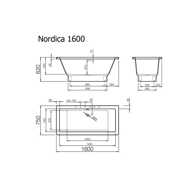 Akmens masės vonia Vispool Nordica, 1600x750 mm su paslėptomis kojomis, balta