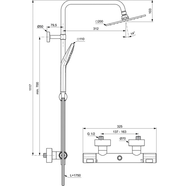 Termostatinė du&scaron;o sistema Ceratherm T100, 200mm kvadratinė du&scaron;o galva, rankinis du&scaron;as, chromas