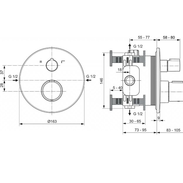 Ideal Standard Ceratherm 100 potinkinė termostatinė sistema: apvali 260 mm dviejų srovių lietaus galva, rankinis du&scaron;as 1