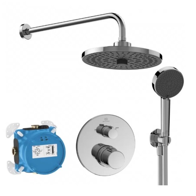Ideal Standard Ceratherm 100 potinkinė termostatinė sistema: apvali 260 mm dviejų srovių lietaus galva, rankinis du&scaron;as 1
