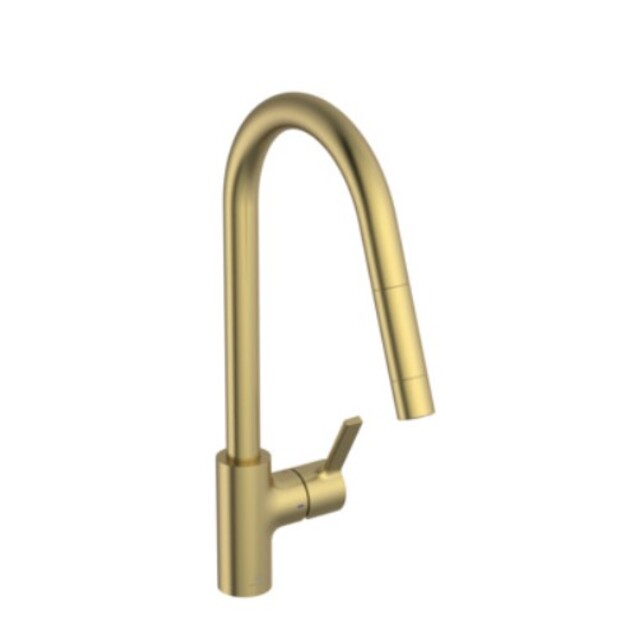 Plautuvės mai&scaron;ytuvas Ideal Standard GUSTO sukiojamu ir i&scaron;traukiamu snapu, vandens temperatūros ribojimas, brushed gold