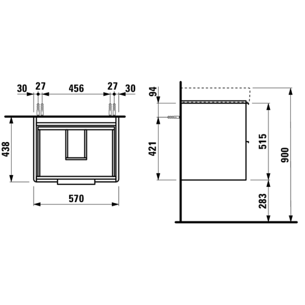 Spintelė BASE praustuvui 570x440x530 mm, su dviem stalčiais, balta blizgi