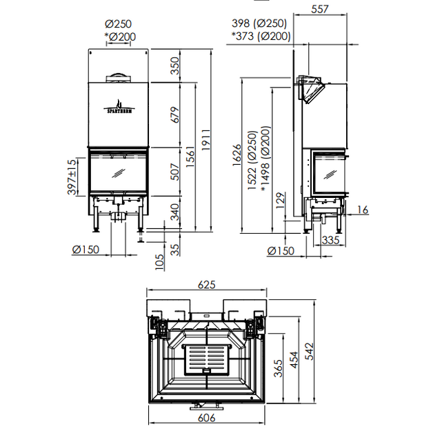 Plieninis židinio ugniakuras Spartherm ARTE 3RL-60h-4S Standart, d. 250mm