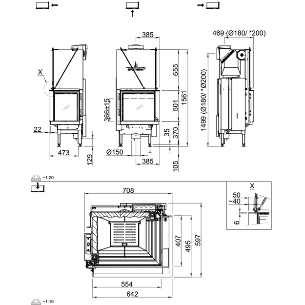 Plieninis židinio ugniakuras Spartherm Premium V-2R-55h, su kampiniu stiklu de&scaron;inėje