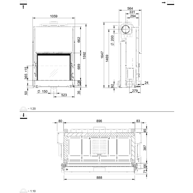 Plieninis židinio ugniakuras Spartherm Premium A-1V-87h, &oslash;200 mm, tiesiu stiklu