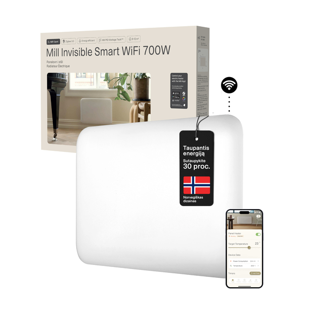 Plieninis panelinis &scaron;ildytuvas Mill Invisible su WIFI, 700W, baltas