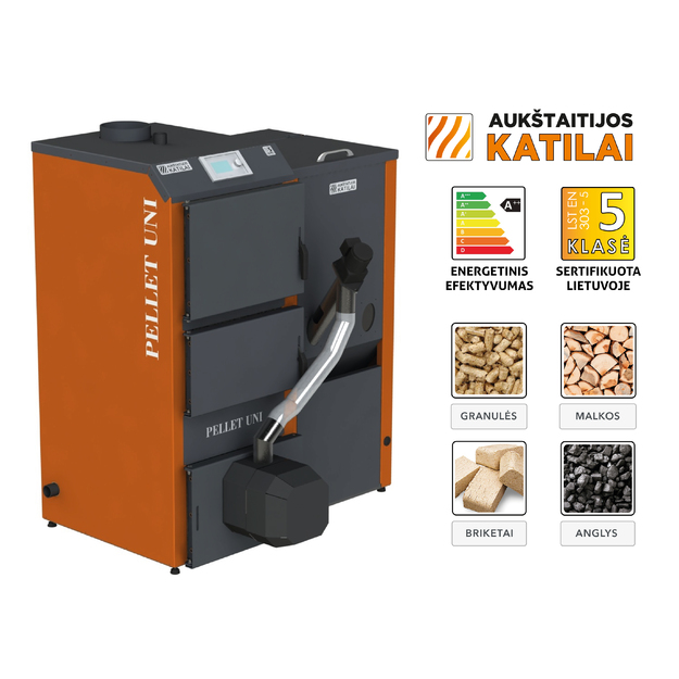Granulinis katilas PELLET UNI 12 kW  su rotac. 12 kW degikliu, sraigtu, 320 l met. bunkeriu