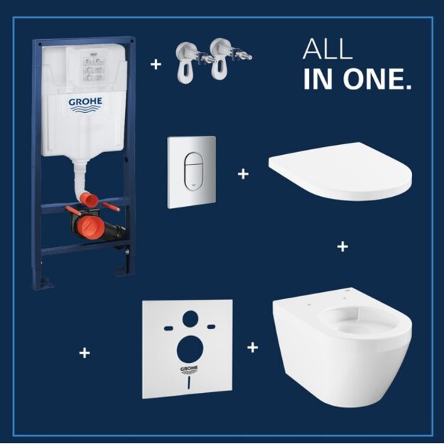 Grohe Solido potinkinio rėmo, tvirtinimų, Euro pakabinamas unitazas su soft close dangčiu, chrom. mygtuko komplektas