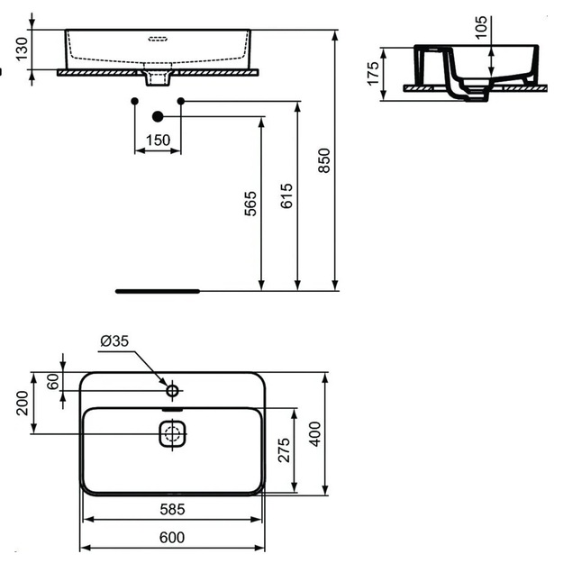 Ideal Standard Strada II ant stalvir&scaron;io montuojamas praustuvas 60 x 40 x 17,5 cm su keramikiniu dugno vožtuvo dangteliu