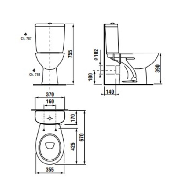 Kombinuotas WC EUROLINE-N su termoplastiko dangčiu, horizontalus, 3/6 ltr, apatinis vand. įvad. 1/2, baltas
