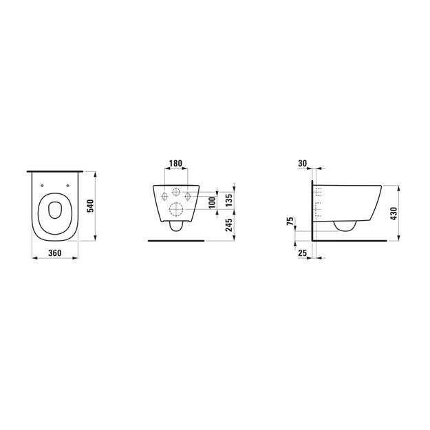 Pakabinamas unitazas, MEDA 54x36, tylus sūkurinis nuplovimas (Silent flush), be apvado (Rimless), be dangčio, balta spal