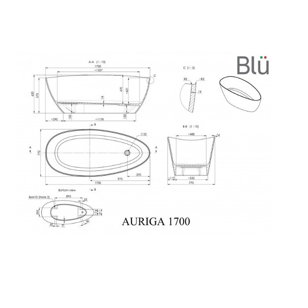 Akmens masės vonia AURIGA 1700x770 mm ,be perpylimo sifono, laisvai statoma, balta