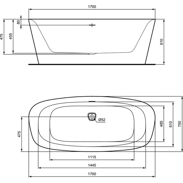 Laisvai statoma akrilinė vonia Ideal Standard Dea Duo 170x75cm, su click-clack vožtuvu, vidus baltas/i&scaron;orė matinė juoda