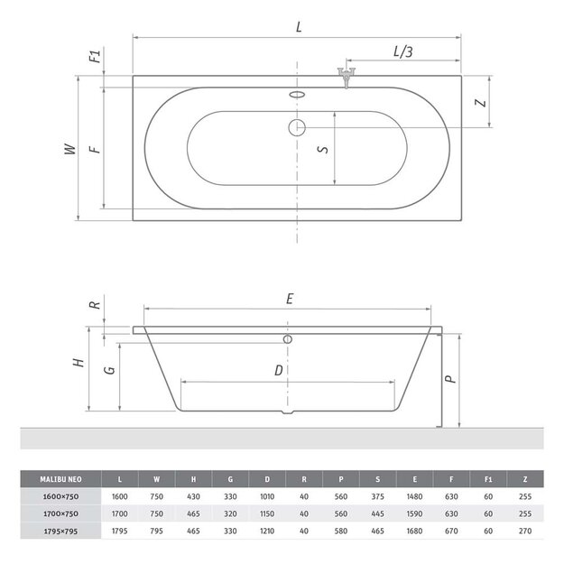 Vonia Roth Malibu Neo 1700x750 mm, balta