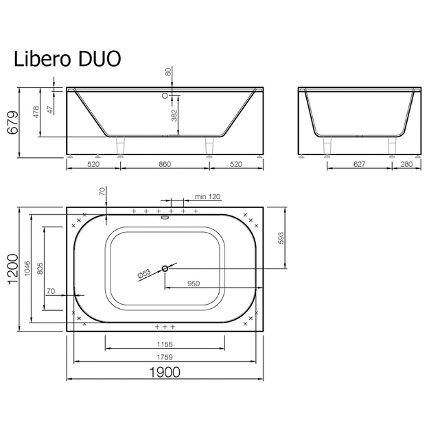 Akmens masės vonia Libero DUO 190  (1900x1200x680 mm) balta sp. be sifono ir uždangos