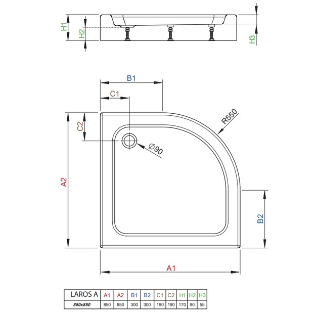 Akrilinis du&scaron;o padėklas Radaway Laros A compact 850x850x170, pusapvalis, baltas