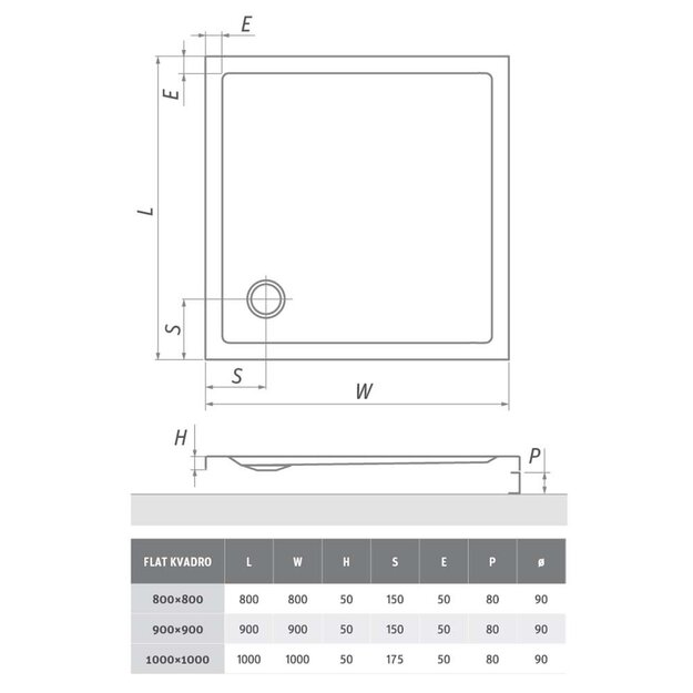 Akrilinis du&scaron;o padėklas Flat Kvadro 900x900x50 mm, balta