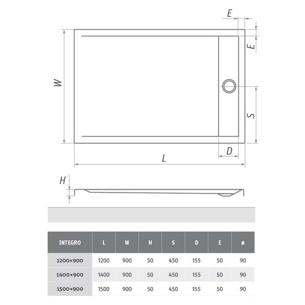 Akrilinis du&scaron;o padėklas INTEGRO 1200x900 mm su integruojamu sif. ir nerūd. pl. uždengimu, baltas