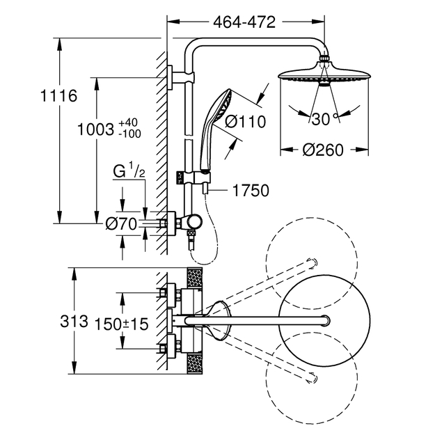 Termostatinė du&scaron;o sistema Euphoria 260 (stac. galva &Oslash;260, alkūnė 450 mm, 3`jų srovių rankinis du&scaron;as 110), chromas