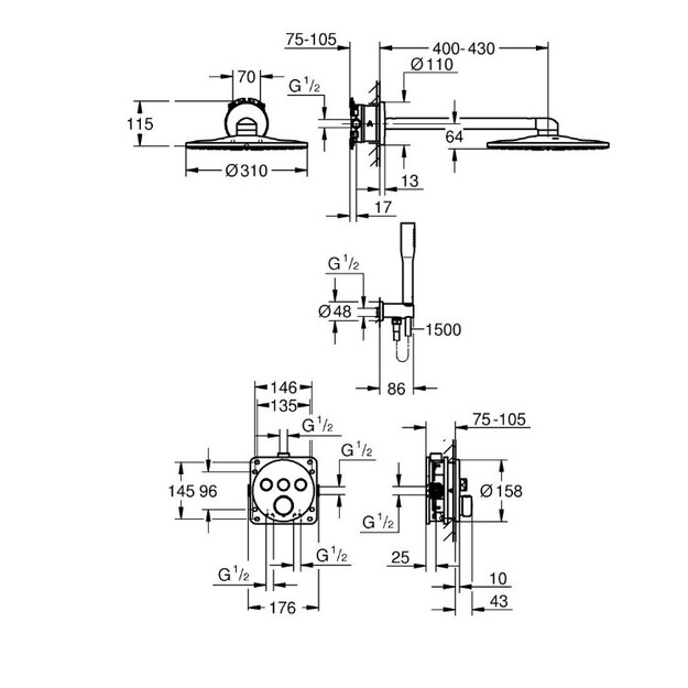 Potinkinė du&scaron;o sistema su potinkine dalimi GROHE Precision SmartControl su Vitalio SmartActive 310, chromo spalva