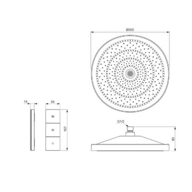 Idealrain SOLOS  lietaus du&scaron;o galva &Oslash;300 mm, 3-jos. Elektroninis pur&scaron;kimo režimų perjungimas, chromas