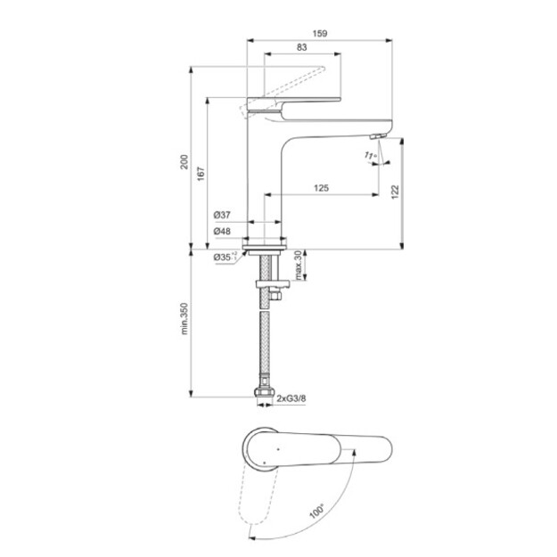 Praustuvo mai&scaron;ytuvas Ideal Standard CERAFINE O Nuovo H120, be dugno vožtuvo, BlueStart, 3,8 l/min, matinė juoda