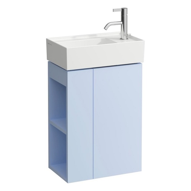 Spintelė Kartell by Laufen, pilk&scaron;vai mėlynos spalvos, nedideliam praustuvui 815334 su mai&scaron;ytuvu de&scaron;inėje